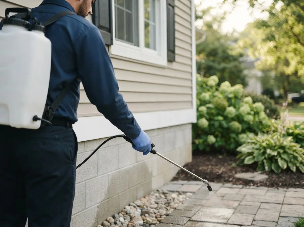 Pest control technician inspecting a home in Nursery, TX